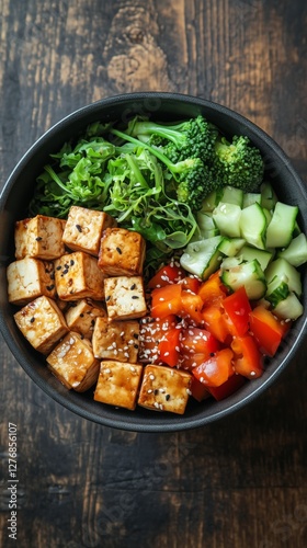 Colorful Vegetable and Tofu Bowl Served in a Dark Bowl on a Wooden Table