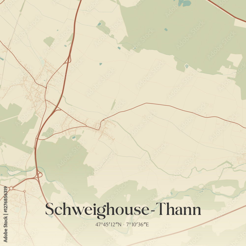 Fototapeta premium Vintage map of Schweighouse-Thann, France.