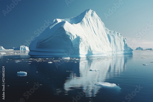 Majestic Iceberg Reflected in Calm Arctic Waters on a Clear Sunny Day