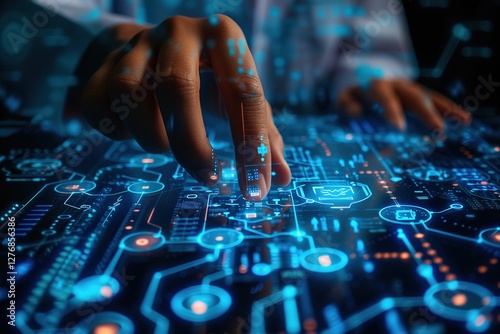 computerbased information technology with a person playing with internet connectivity, Medical technology, online health, global health network and tourism concept photo