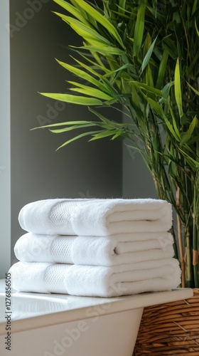 Soft White Towels Stacked Near Lush Green Indoor Plants in a Serene Environment