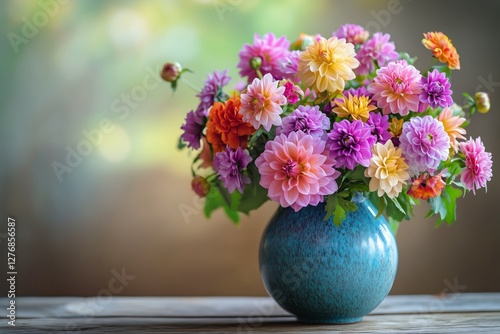 Vibrant Bouquet of Spring Flowers in a Ceramic Vase on a Wooden Table