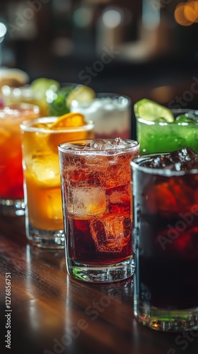 Colorful Cocktails Lined up on a Wooden Bar With Fresh Fruit Garnishes in a L...