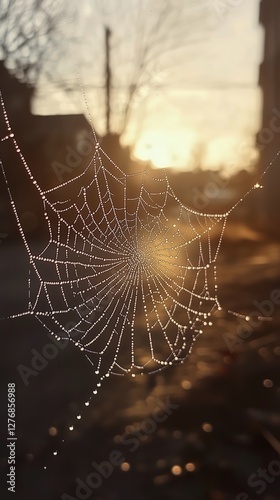 Sparkling Spider Web Glistens With Dew Drops During Early Morning Light in a ...