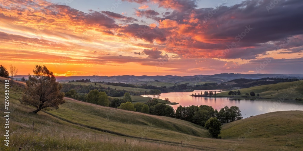 Obraz premium Fiery Sunset over Rolling Hills and Lake Landscape Photography, Dramatic Sky, Golden Hour, Nature Scenery, Wide Composition Landscape Photography, Nature