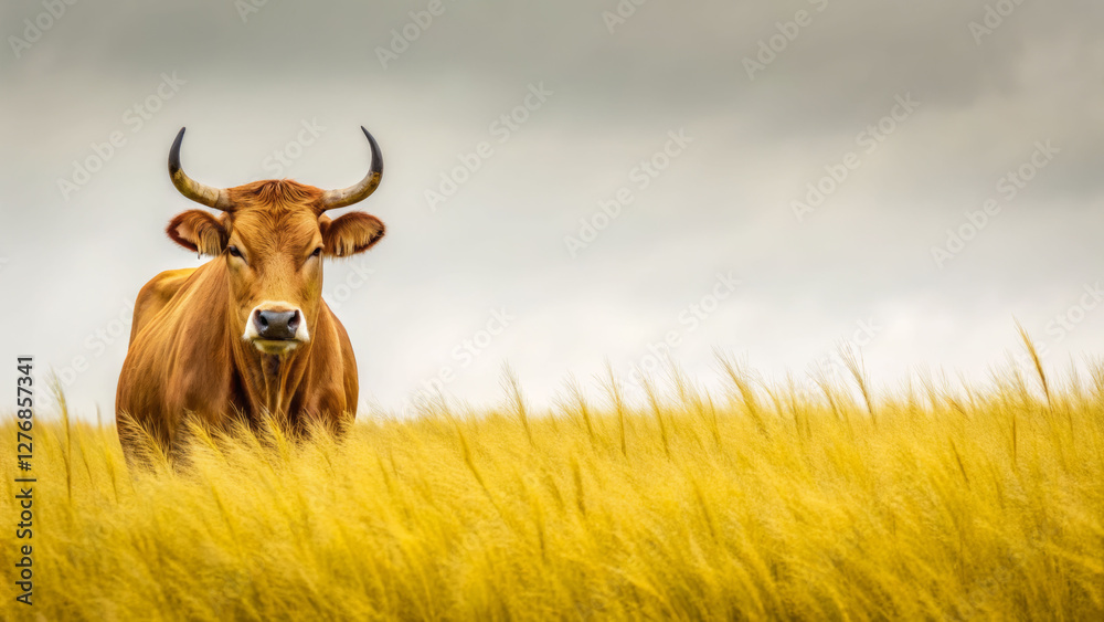 Summertime serenity brown cow in golden wheat field rural landscape nature's beauty calm viewpoint Summertime serenity brown cow in golden wheat field rural landscape nature's beauty calm viewpoint