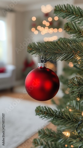 Festive Red Ornament Hanging From a Snowy Tree Branch With Twinkling Lights D...
