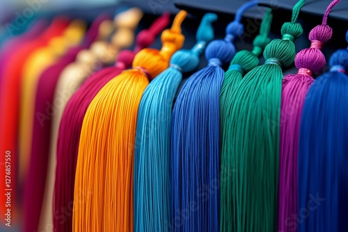 Colorful Tassels Displayed at a Market Stall in a Crafts Area During Daylight