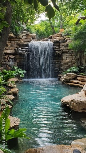 Relaxing Tropical Pool With Waterfall Surrounded by Lush Greenery During the Day