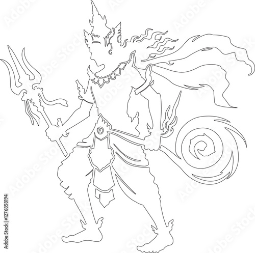 Siva on the Giant Muyelagin, Hindu and Buddhist Religious Symbols and Religious Implements Engraving Antique Illustration,