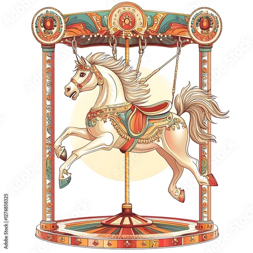 Carousel horse illustration, whimsical design, decorative background, graphic element for poster/print photo