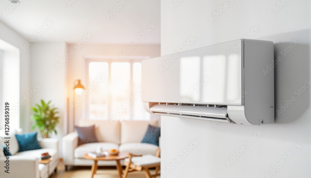 Air conditioning unit mounted on wall in modern living room Air conditioning unit mounted on wall in modern living room
