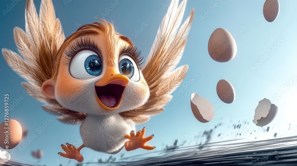 Naklejka premium A cheerful cartoon bird with large eyes and wings joyfully flaps its wings amidst scattered eggshells, representing the innocence and excitement of new beginnings in an animated style.