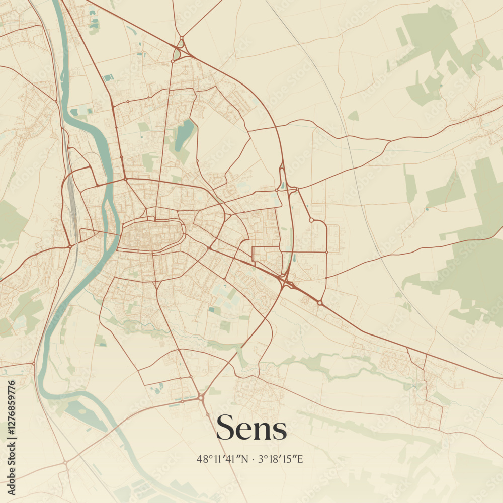 Obraz premium Vintage map of Sens, France.
