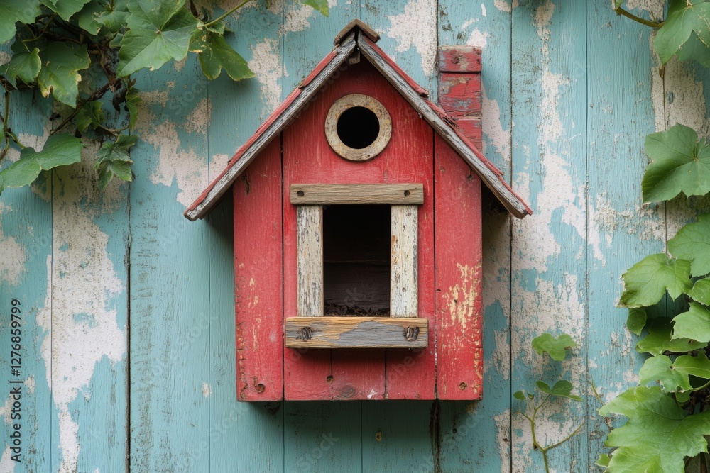 Rustic Blue Birdhouse Hanging on a Weathered Wooden Wall Surrounded by Green Foliage Rustic Blue Birdhouse Hanging on a Weathered Wooden Wall Surrounded by Green Foliage