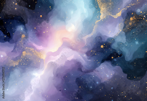 Abstract cosmic nebula with swirling colors of purple blue and gold creating a starry ethereal galaxy background