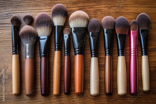 Collection of Makeup Brushes Arranged Neatly on a Wooden Surface With Varied ...