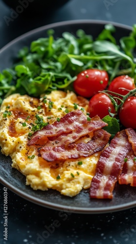 Delicious Breakfast Plate With Scrambled Eggs, Crispy Bacon, Fresh Tomatoes, ...