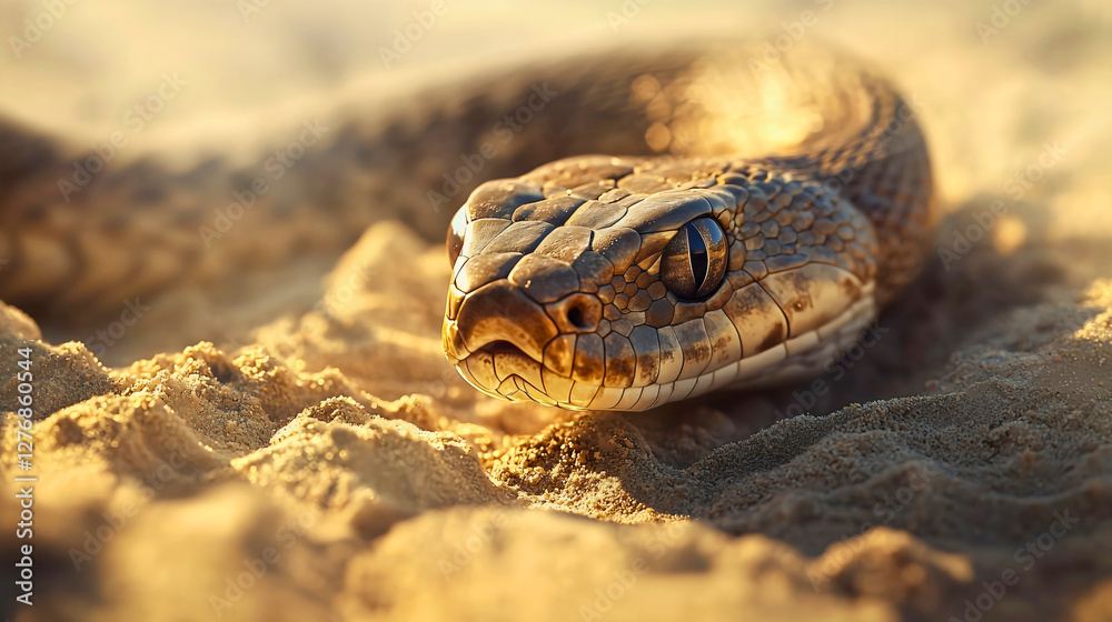 Obraz premium A desert snake perfectly camouflaged in the scorching desert sand, a snake in the desert searching for prey.