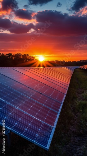 Solar Panels Reflecting Sunset Light in a Serene Rural Landscape
