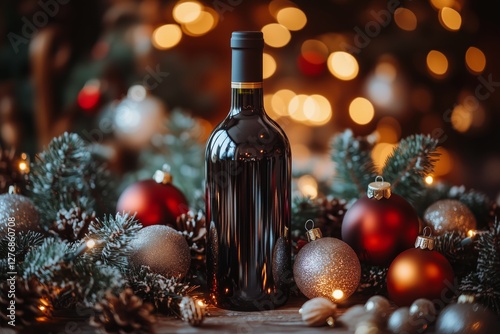 Holiday Wine Bottle Surrounded by Festive Decorations and Warm Lights