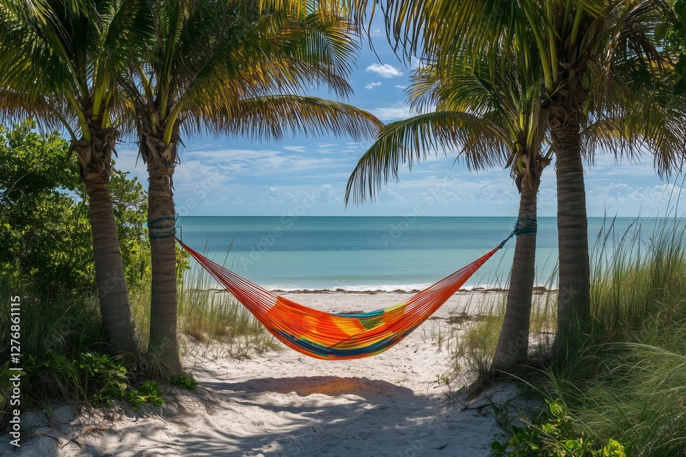 Relaxing in a Colorful Hammock Between Palm Trees by the Tranquil Beach at Midday Relaxing in a Colorful Hammock Between Palm Trees by the Tranquil Beach at Midday