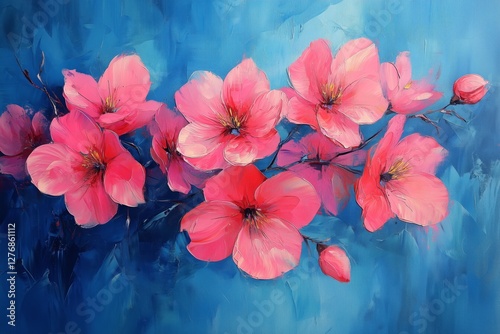 Beautiful Pink Flowers Bloom Against a Soft Blue Background Creating a Serene...