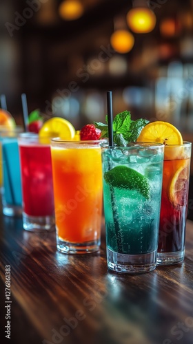 Colorful Cocktails Lined up on a Wooden Bar With Fresh Fruit Garnishes in a L...