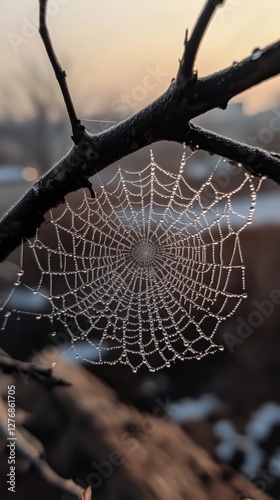 Sparkling Spider Web Glistens With Dew Drops During Early Morning Light in a ...