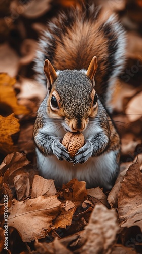 Squirrel Holding Acorn Among Fallen Leaves in a Serene Autumn Park