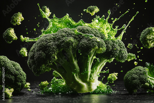 Exploding broccoli burst, vibrant green and green color palette, juice splashes and broccoli fragments flying outward photo