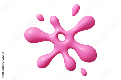 Pink 3d abstract liquid shape with radiating rounded extensions and scattered droplets. Vector blob element with glossy texture and smooth gradient for fluid design compositions and splash effects.