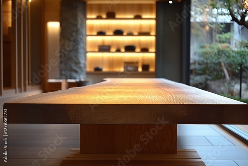 Elegant Wooden Table Positioned in a Serene Indoor Space With Natural Lightin...