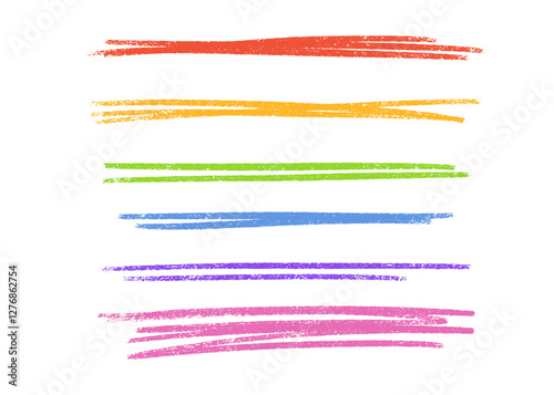 Colorful line brush strokes vector set - rainbow colors parallel marks with grunge texture. Hand drawn rough underline elements for decoration, border design or highlighting text.