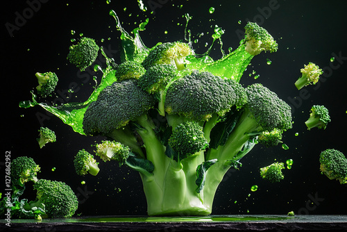 Exploding broccoli burst, vibrant green and green color palette, juice splashes and broccoli fragments flying outward photo