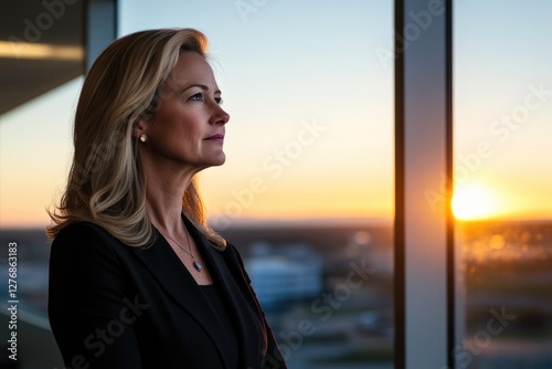 portrait of woman standing in modern office gazing out window at sunset reflecting on her day
