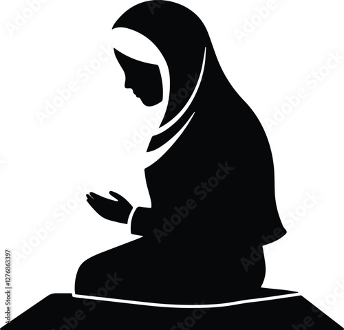 Ramadan kareem concept. Muslim woman praying silhouette vector illustration. salah, namaz icon, Simple flat design, Muslim Prayer Room sign.
