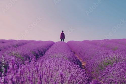 Lavender Field at Sunset With a Person Walking Through Blooming Flowers