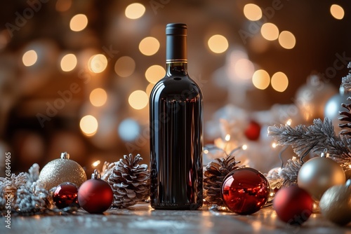 Holiday Wine Bottle Surrounded by Festive Decorations and Warm Lights