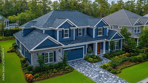 Modern blue house with landscaped garden in a serene neighborhood setting