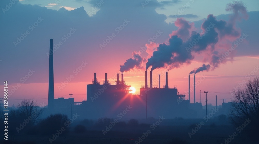 Silhouetted Industrial Building with Smoke Silhouetted Industrial Building with Smoke
