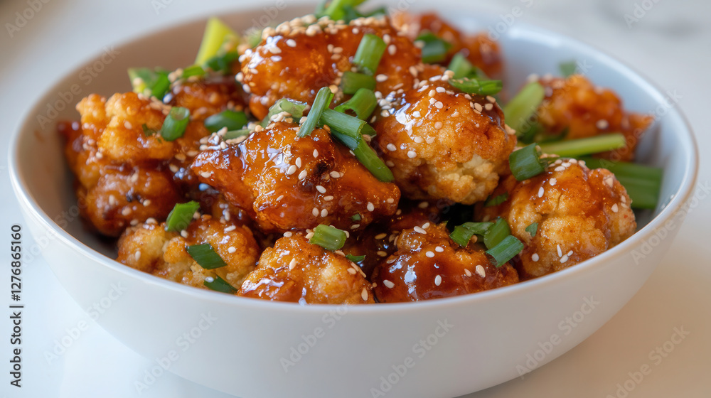 Crunchy soy glazed fried cauliflower wings with celery served on a clean white marble kitchen surface Crunchy soy glazed fried cauliflower wings with celery served on a clean white marble kitchen surface