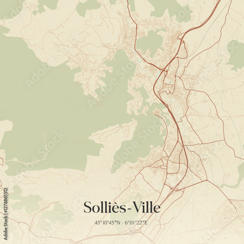 Vintage map of Solliès-Ville, France.