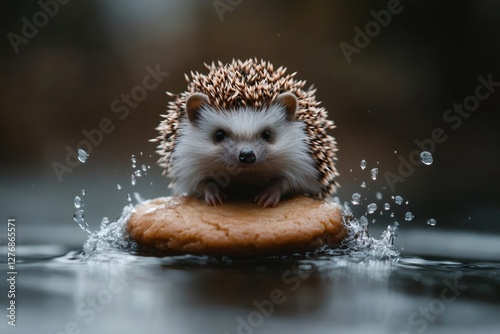 Adorable hedgehog perching precariously on floating cookie, generating playful water splashes during unexpected aquatic adventure