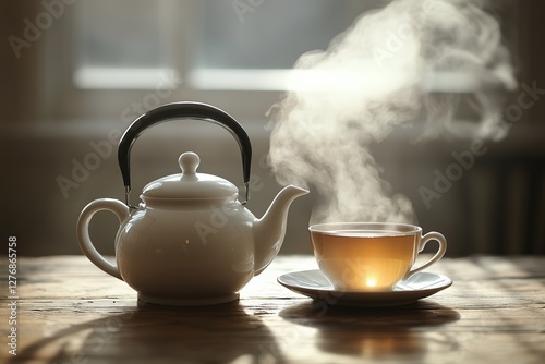 Brewing Hot Tea With Steam Rising From the Cup in a Cozy Setting