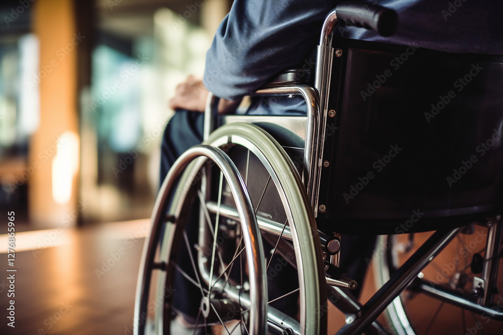 Fototapeta premium Image of handsome man on wheelchair living regardless of disability generative AI