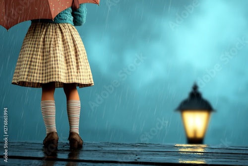 woman vintage dress umbrella rain illustration photo
