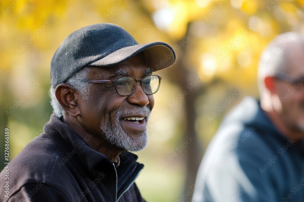 Active Seniors: Diverse Group of Friends Engaging in Conversation in the Park Active Seniors: Diverse Group of Friends Engaging in Conversation in the Park