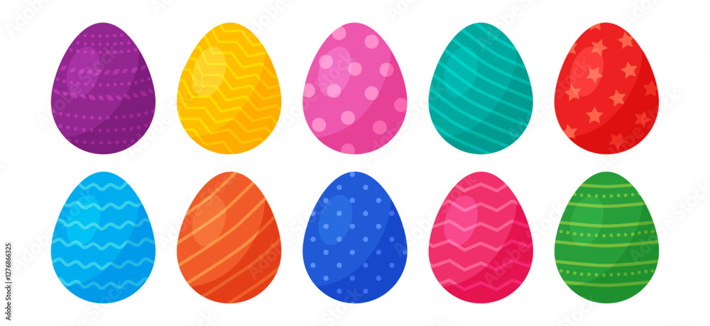 Easter egg icon, cartoon colorful set isolated on white background. Spring cute decor element, holiday eggs hunt. Vector illustration