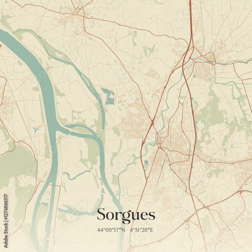 Vintage map of Sorgues, France.